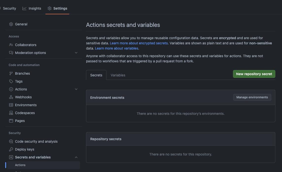 Environment variables and secrets in github